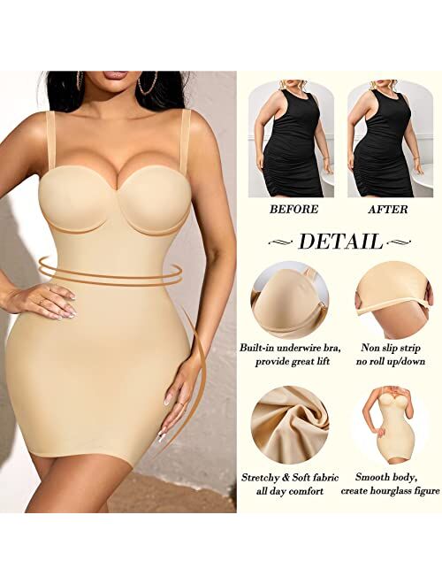 Irisnaya Full Slip Shapewear for Women Under Dresses Strapless Body Shaper Smooth Tummy Control Slips Built In Bra Lingerie