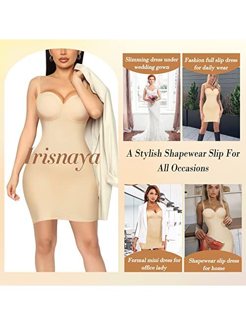 Irisnaya Full Slip Shapewear for Women Under Dresses Strapless Body Shaper Smooth Tummy Control Slips Built In Bra Lingerie