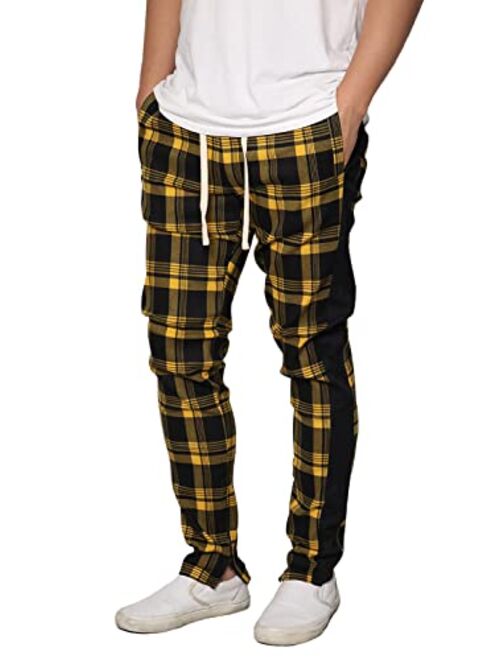 URBANJ Men's Skinny Fit Plaid Track Pants with Ankle Zip