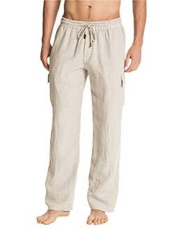 PASLTER Mens Casual Linen Cargo Pants Loose Fit Straight-Legs Elastic Drawstring Waist Summer Beach Long Pants with Pockets