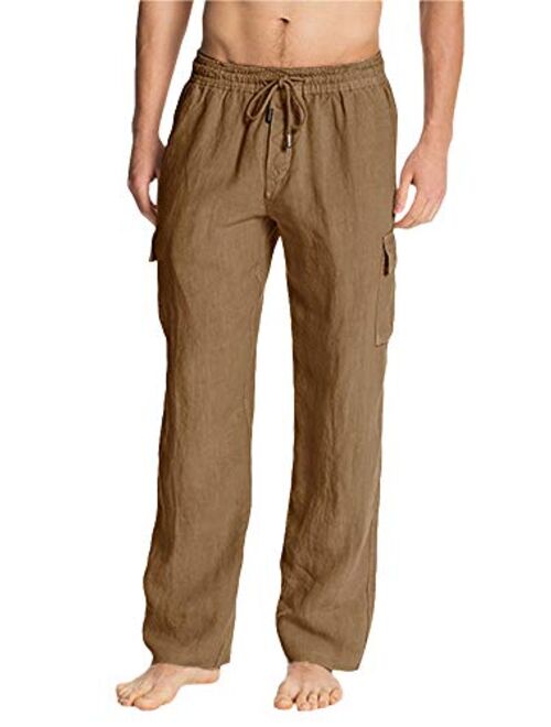 PASLTER Mens Casual Linen Cargo Pants Loose Fit Straight-Legs Elastic Drawstring Waist Summer Beach Long Pants with Pockets