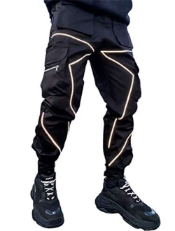 ebossy Men's Multi Pocket Fashion Cargo Pants Technical Reflective Jogger Pants