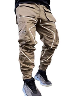 ebossy Men's Multi Pocket Fashion Cargo Pants Technical Reflective Jogger Pants