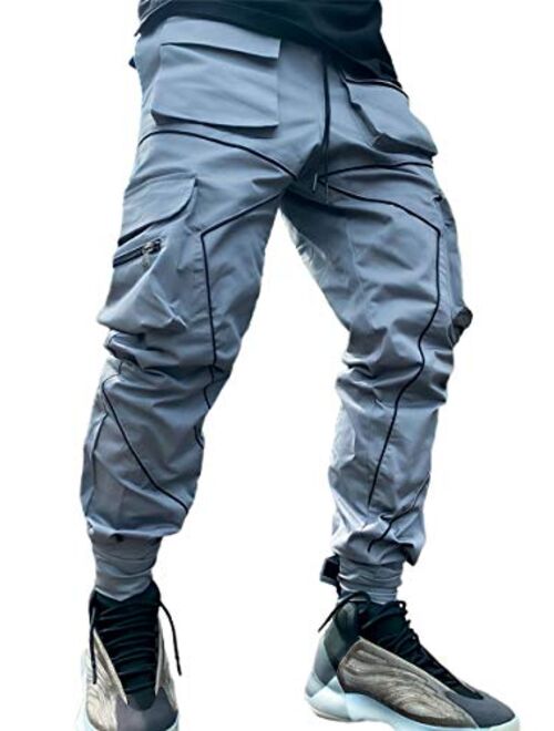 ebossy Men's Multi Pocket Fashion Cargo Pants Technical Reflective Jogger Pants