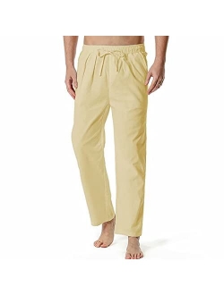 FTIMILD Men's Comfy Pants Linen Cotton Loose Fit Casual Elastic Waist Wide Leg Trousers