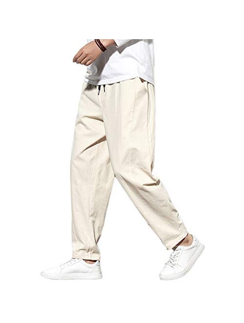 FTIMILD Men's Comfy Pants Linen Cotton Loose Fit Casual Elastic Waist Wide Leg Trousers