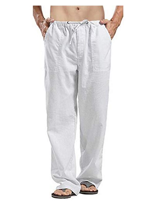 AUDATE Men's Pants Summer Beach Trousers Cotton Linen Trouser Casual Lightweight Drawstring Yoga Pant