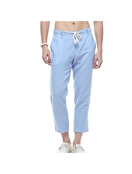 nobranded ZHANCHTONG Men's Casual Linen Straight Fit Beach Linen Capri Pants with Drawstring