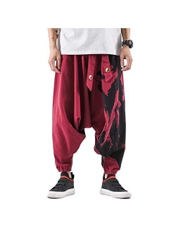 PRIJOUHE Men's Harem Pants, Baggy Wide Leg Hip Hop Pants, Cotton