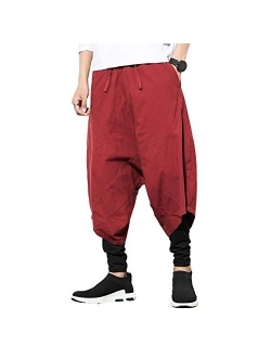 PRIJOUHE Men's Harem Pants, Baggy Wide Leg Hip Hop Pants, Cotton
