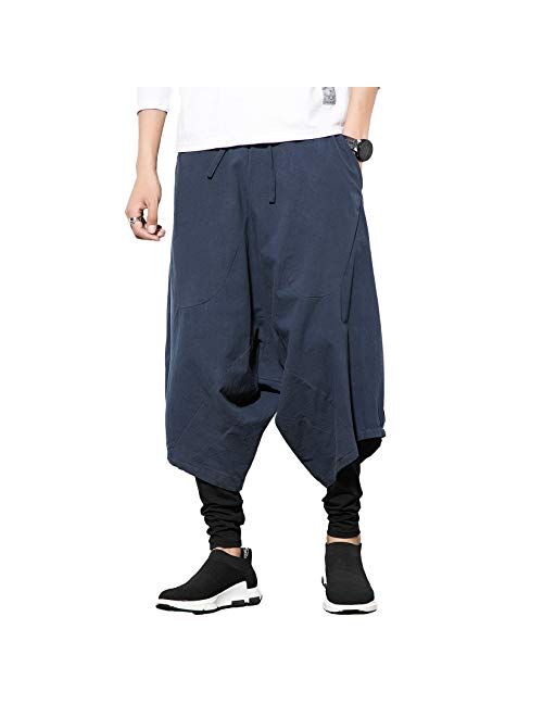 PRIJOUHE Men's Harem Pants, Baggy Wide Leg Hip Hop Pants, Cotton