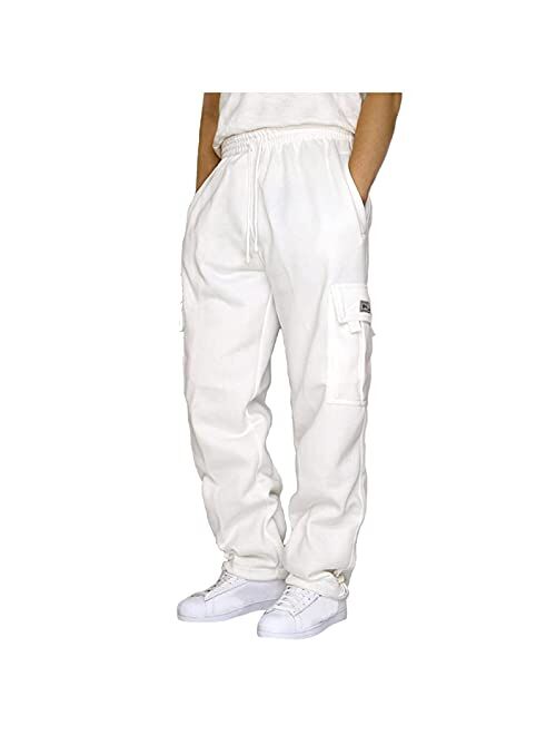 Saohuo Men's Heavyweight Fleece Cargo Sweatpants Stretch Elastic Running Athletic Sports Pants Casual Straight-leg Trousers