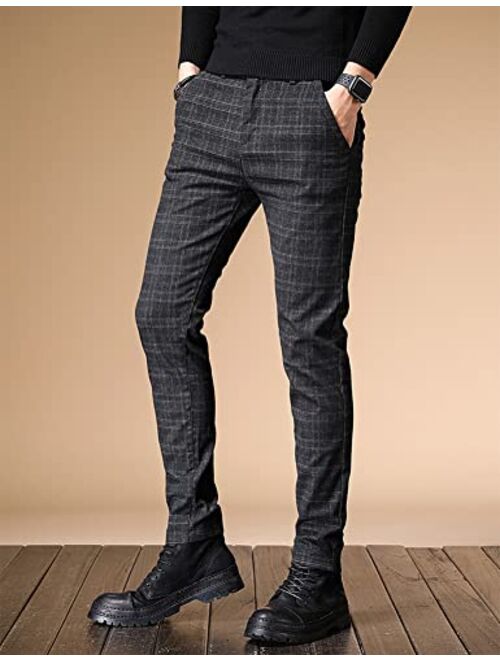 IDEALSANXUN Mens Plaid Pants Casual Stretch Slim Fit Dress Chino Pants