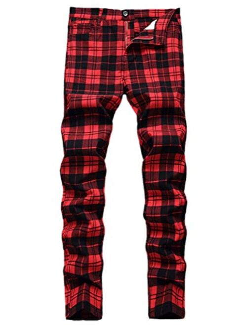 IDEALSANXUN Mens Plaid Pants Casual Stretch Slim Fit Dress Chino Pants