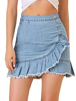 Women's Ruffle Irregular Hem High Waist Lightweight Mini Jeans Denim Skirt