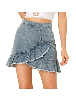 Women's Ruffle Irregular Hem High Waist Lightweight Mini Jeans Denim Skirt