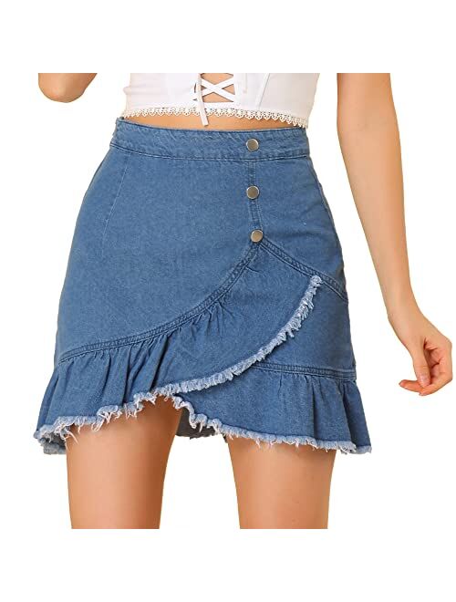 Allegra K Women's Ruffle Irregular Hem High Waist Lightweight Mini Jeans Denim Skirt