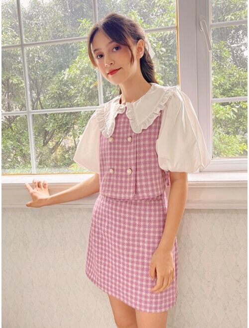 SHEIN Teen Girls Gingham Print Frill Trim Peter Pan Collar Shirt & Skirt