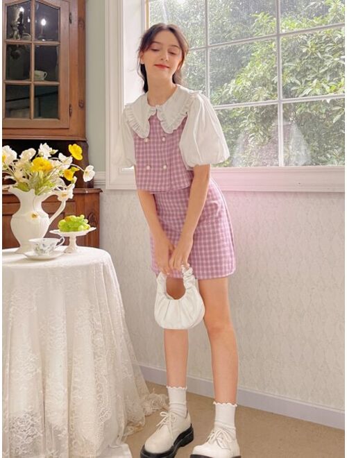 SHEIN Teen Girls Gingham Print Frill Trim Peter Pan Collar Shirt & Skirt