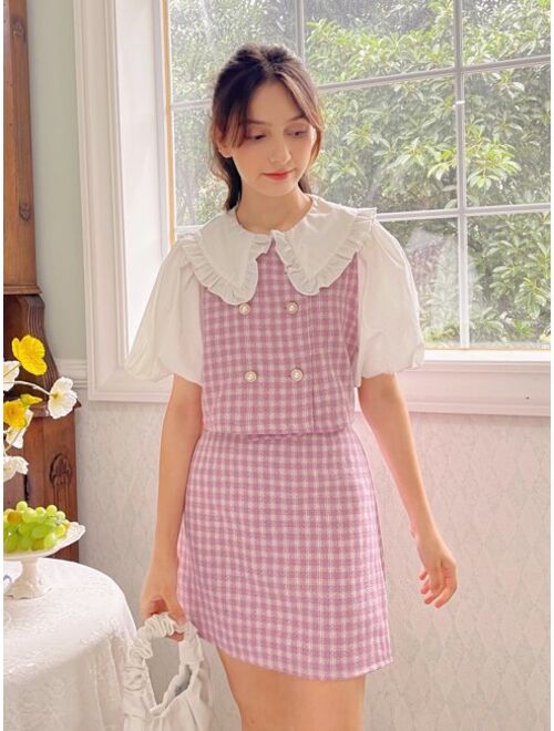 SHEIN Teen Girls Gingham Print Frill Trim Peter Pan Collar Shirt & Skirt