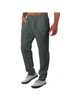 Wangdo Men's Casual Linen Pants Summer Yoga Beach Trousers Loose Fit Straight-Legs Elastic Drawstring Waist Casual Trousers