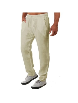 Wangdo Men's Casual Linen Pants Summer Yoga Beach Trousers Loose Fit Straight-Legs Elastic Drawstring Waist Casual Trousers