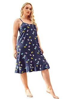 Women's Cute Printed Plus Size Nightgown Ruffle Hem Cami Sleepwear Loungewear