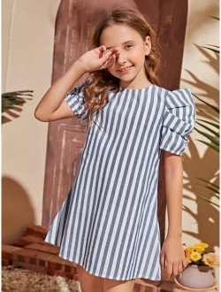 Girls Striped Puff Sleeve Tunic Dress