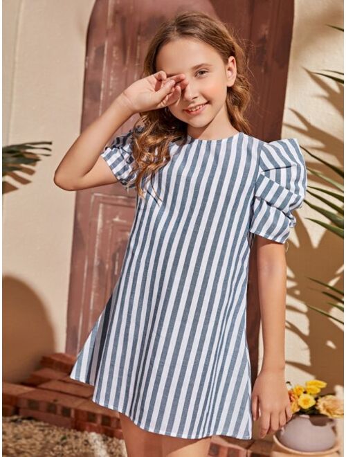 SHEIN Girls Striped Puff Sleeve Tunic Dress