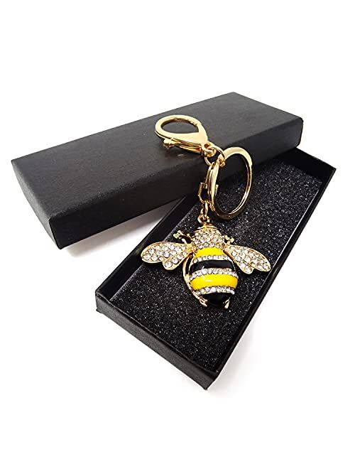 Honbay 1PCS Rhinestone Little Bee Keychain Bumble Bee Sparkling Keyring Animal Key Chain Decor in A Box for Bag Purse Wallet