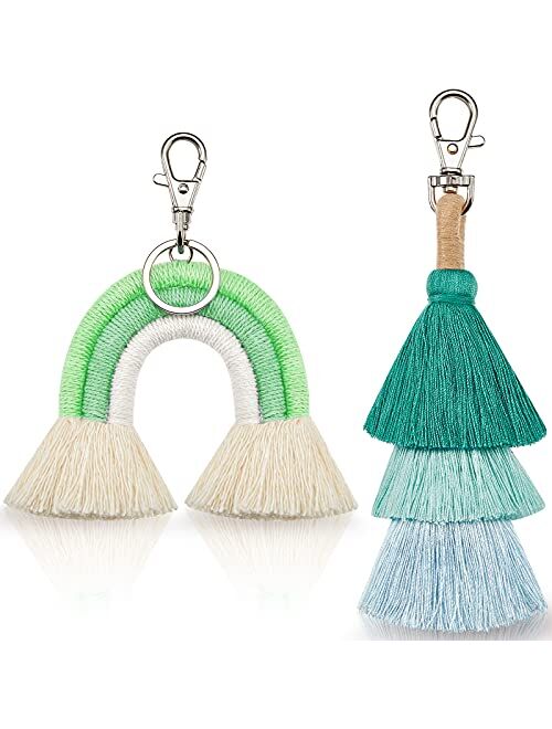 Hicarer 2 Pieces Boho Rainbow Keychains Pom Pom Tassel Macrame Keychains for Women Girls