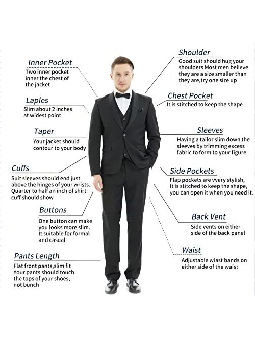 MAGE MALE Men's Slim Fit 3 Piece Suit One Button Solid Shawl Lapel Blazer Jacket Vest Pants Set with Tie Pocket Square