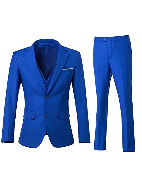 Holivyer Men's 3 Piece Slim Fit Suit Set, Two Button Blazer Solid Jacket Vest Pants Wedding Business Suit