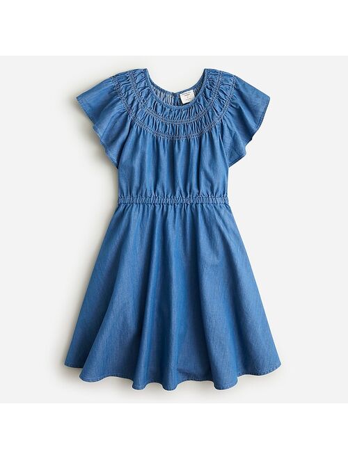 Girls' smocked flutter-sleeve dress in chambray