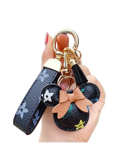 Vdadoo Studio Plush Ball Keychain Key Ring, Creative Retro Lattice Flower PU Leather Keychain, Cute Pendant Keychain