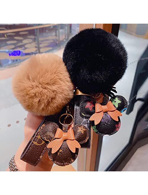 Vdadoo Studio Plush Ball Keychain Key Ring, Creative Retro Lattice Flower PU Leather Keychain, Cute Pendant Keychain