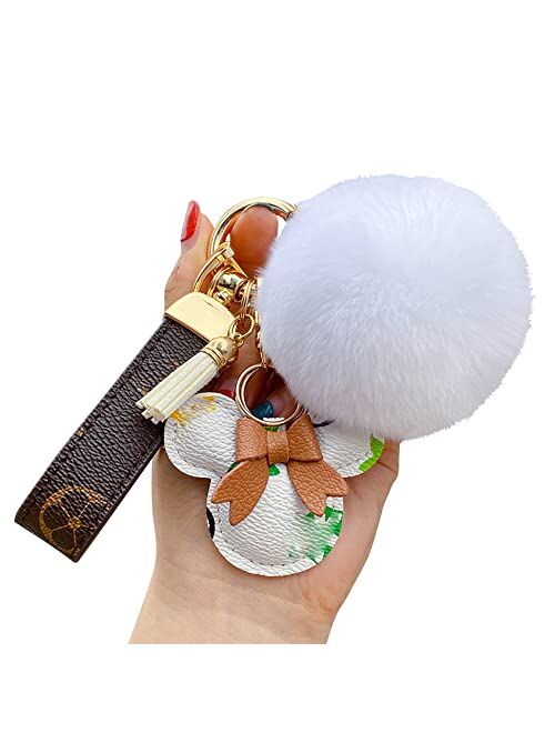 Vdadoo Studio Plush Ball Keychain Key Ring, Creative Retro Lattice Flower PU Leather Keychain, Cute Pendant Keychain