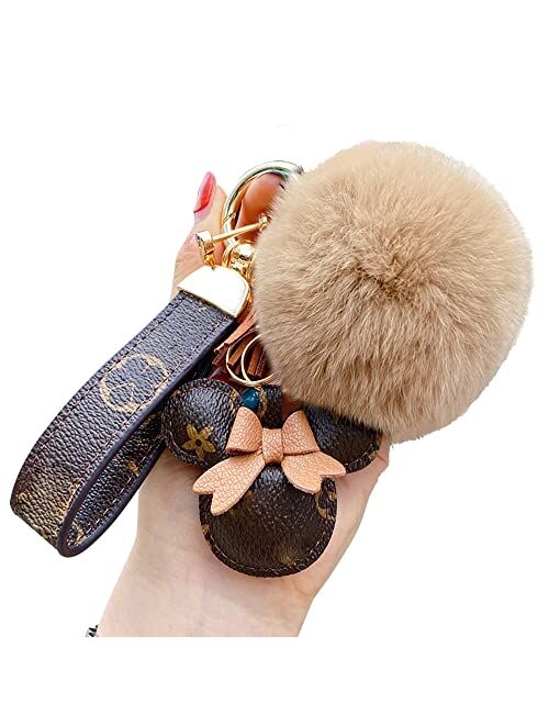 Vdadoo Studio Plush Ball Keychain Key Ring, Creative Retro Lattice Flower PU Leather Keychain, Cute Pendant Keychain