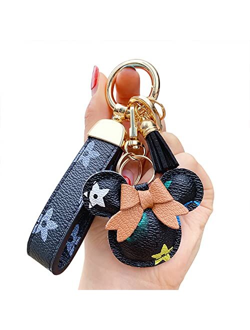 Vdadoo Studio Plush Ball Keychain Key Ring, Creative Retro Lattice Flower PU Leather Keychain, Cute Pendant Keychain