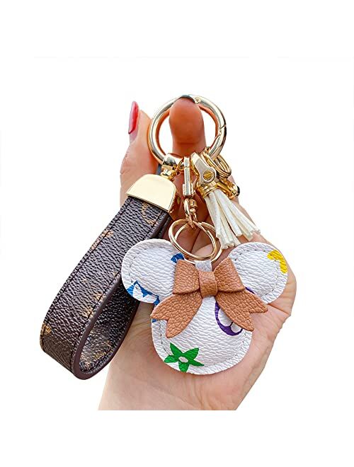 Vdadoo Studio Plush Ball Keychain Key Ring, Creative Retro Lattice Flower PU Leather Keychain, Cute Pendant Keychain