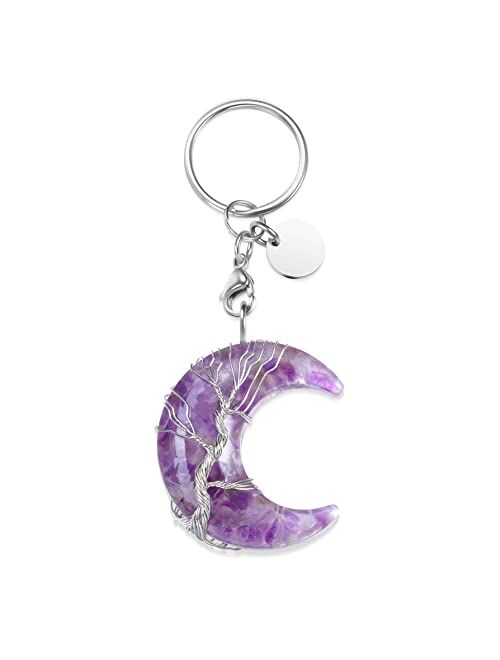 MANIFO Healing Crystal Keyring Wire Wrapped Moon Gemstone Quartz Crystals Stone Keychain Jewelry