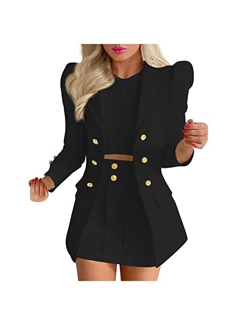 Hxhyqkp Women's Business Casual Blazer Jackets and High Waisted Pencil Mini Skirt Suit Set Two Piece Outfits