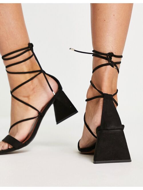 ASOS DESIGN Wide Fit Hilani tie leg block heeled mid sandals in black