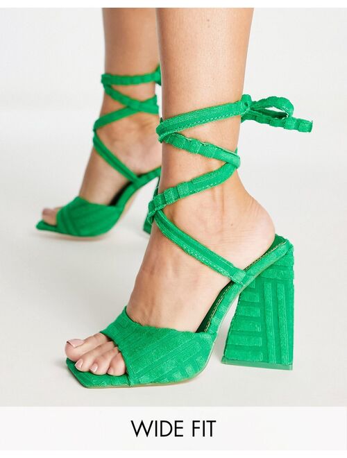 Public Desire Wide Fit Mojito tie up block heel sandals in green towelling