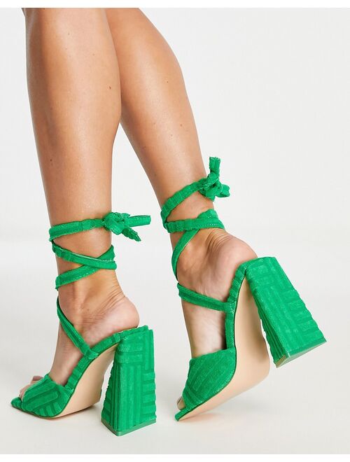 Public Desire Wide Fit Mojito tie up block heel sandals in green towelling