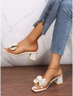 Bow Detail Chunky Heeled Mule Sandals