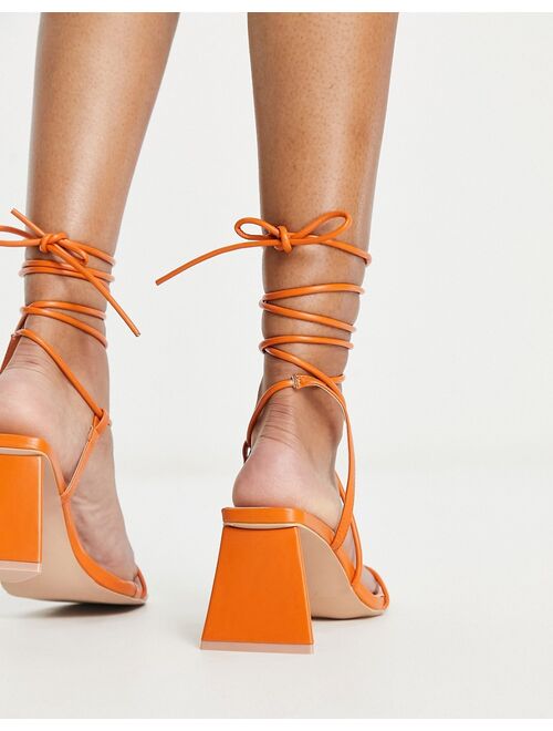 RAID Wide Fit Aysha tie ankle mid heeled sandals in orange