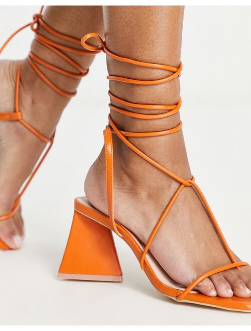 RAID Wide Fit Aysha tie ankle mid heeled sandals in orange