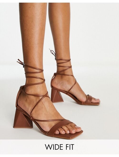 ASOS DESIGN Wide Fit Hilani tie leg block heeled mid sandals in tan