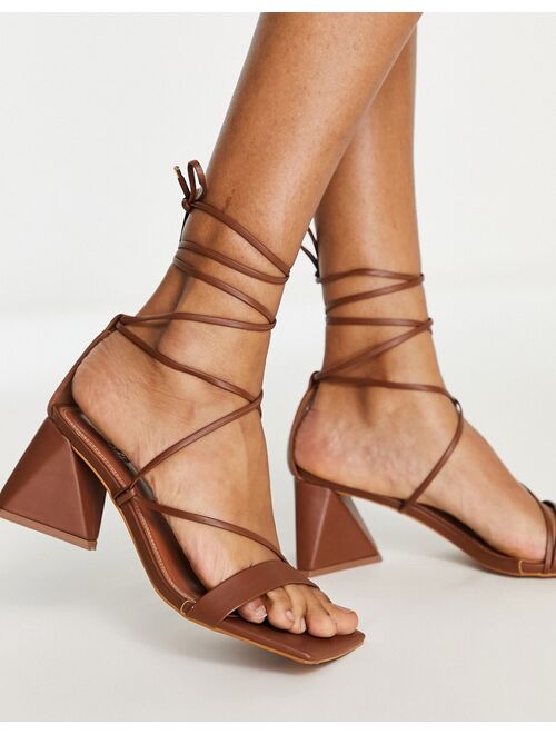 ASOS DESIGN Wide Fit Hilani tie leg block heeled mid sandals in tan